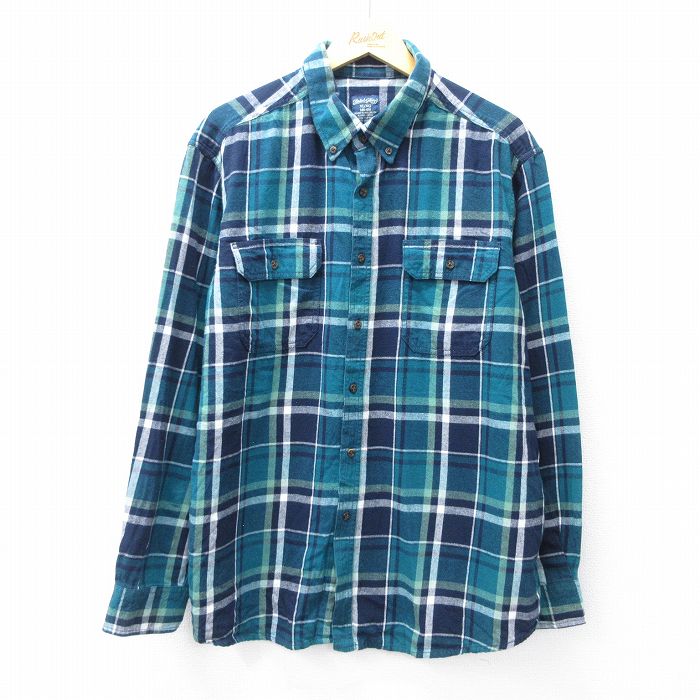 XL★古着 FADED GLORY 長袖 フランネル シャツ メンズ 大きいサイズ コットン ボタンダウン 緑他 グリーン チェック 25oct02 中古 トップス
