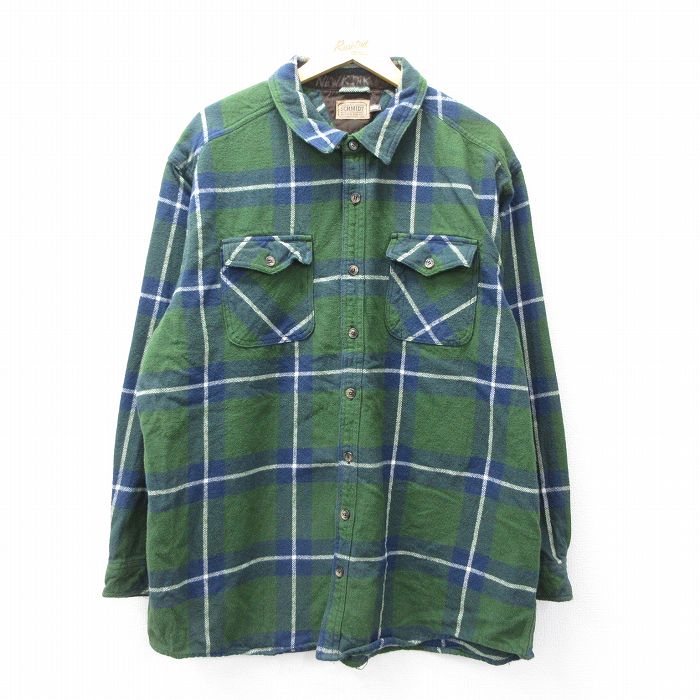 XL★古着 長袖 ヘビー フランネル シャツ メンズ 大きいサイズ ロング丈 コットン 緑他 グリーン チェック 25oct02 中古 トップス