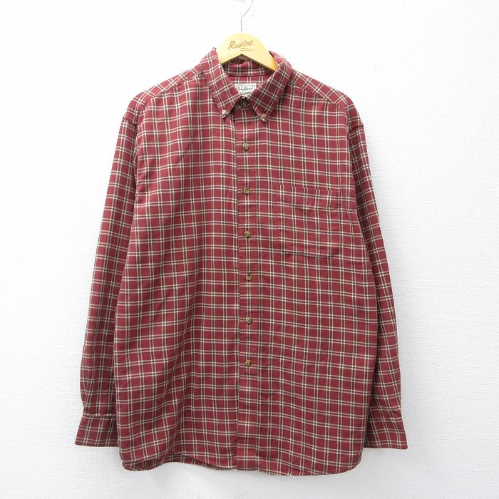 XL★古着 エルエルビーン LLBEAN 長袖 フランネル シャツ メンズ 00年代 00s 大きいサイズ コットン ボタンダウン エンジ他 チェック 25oct02 中古 トップス