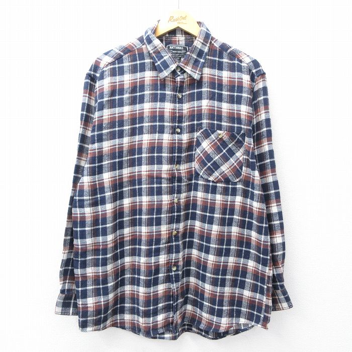 XL★古着 長袖 フランネル シャツ メンズ ロング丈 コットン 濃紺他 ネイビー チェック 25oct02 中古 トップス