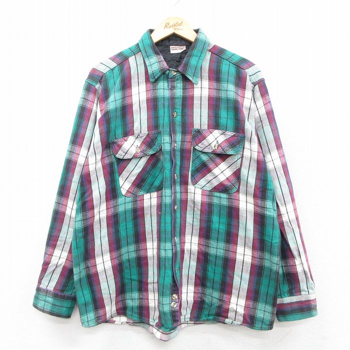 XL★古着 長袖 フランネル シャツ メンズ 80年代 80s 大きいサイズ 緑他 グリーン チェック 25oct02 中古 トップス