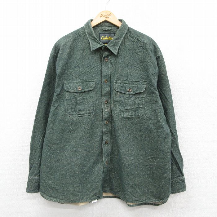 XL★古着 カベラス 長袖 ヘビー フランネル シャツ メンズ 大きいサイズ 緑 グリーン 霜降り 25oct02 中古 トップス