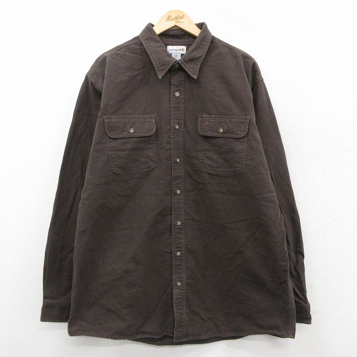 XL★古着 カーハート Carhartt 長袖 ヘビー フランネル シャツ メンズ 大きいサイズ ロング丈 コットン こげ茶 ブラウン 25oct02 中古 トップス
