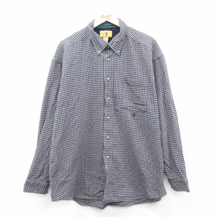 XL★古着 ダックヘッド 長袖 フランネル シャツ メンズ ロング丈 コットン ボタンダウン 紺他 ネイビー チェック 25oct02 中古 トップス
