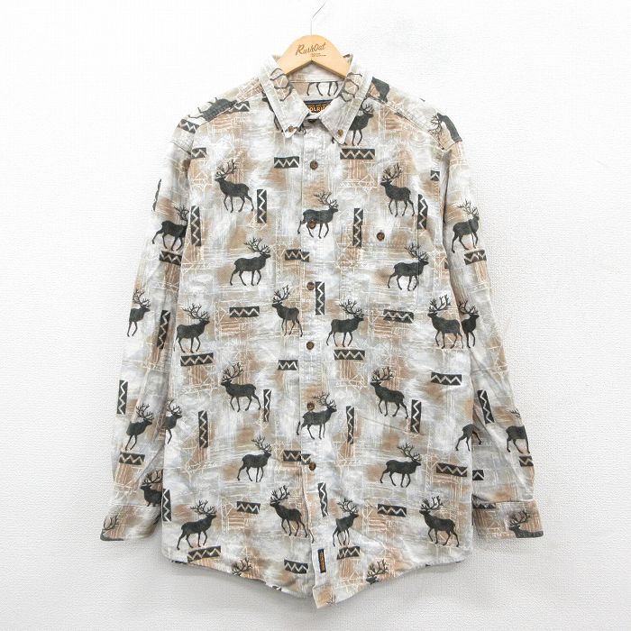 XL★古着 ウールリッチ WOOLRICH 長袖 ヘビー フランネル シャツ メンズ シカ ロング丈 コットン ボタンダウン ベージュ系他 カーキ 25oct02 中古 トップス