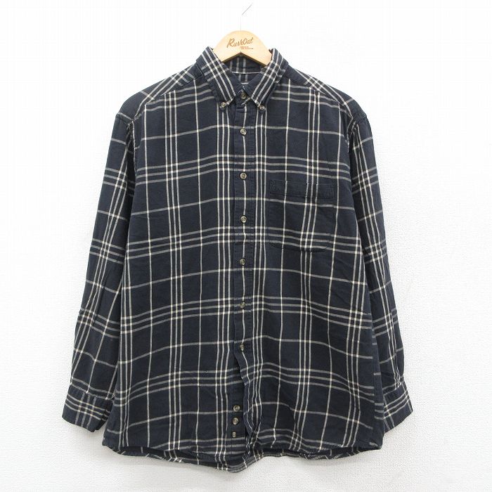 【20%OFF】L★古着 長袖 ヘビー フランネル シャツ メンズ 90年代 90s コットン ボタンダウン 黒他 ブラック チェック 25oct02 中古 トップス