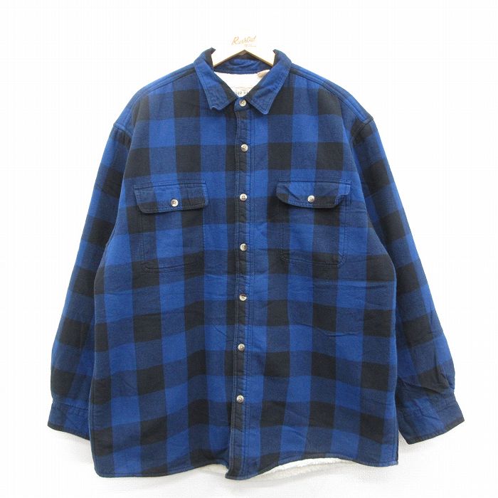 XL★古着 レッドヘッド 長袖 フランネル シャツ メンズ 大きいサイズ ロング丈 コットン 紺他 ネイビー バッファロー チェック 内側ボア 25oct02 中古 トップス