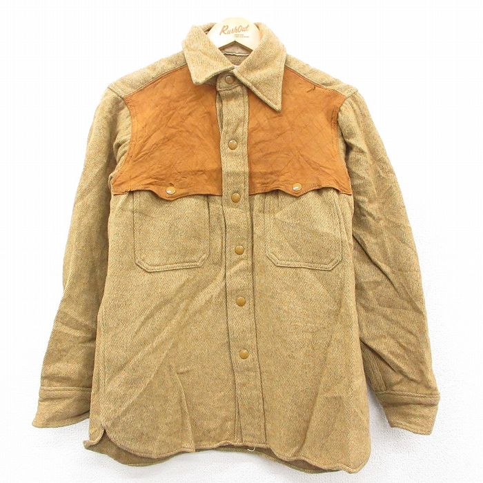 M★古着 ウールリッチ WOOLRICH 長袖 ウエスタン ウール シャツ メンズ 80年代 80s スエード使用 ヒジ当てスエード ベージュ カーキ 25oct03 中古 トップス