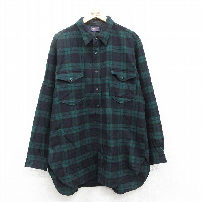 XL★古着 ペンドルトン PENDLETON 長袖 ウール シャツ メンズ 80年代 80s 大きいサイズ ロング丈 緑他 グリーン タータン チェック ブラックウォッチ 25oct03 中古 トップス