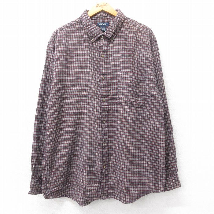 XL★古着 チェロキー 長袖 フランネル シャツ メンズ 大きいサイズ コットン ボタンダウン エンジ他 チェック 25oct03 中古 トップス