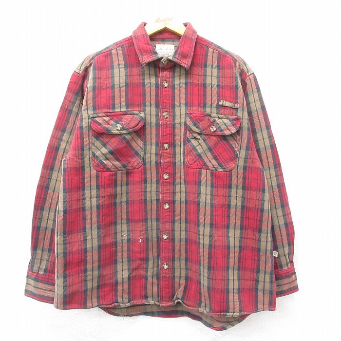 XL★古着 カベラス 長袖 ヘビー フランネル シャツ メンズ 大きいサイズ コットン エンジ他 チェック 25oct03 中古 トップス