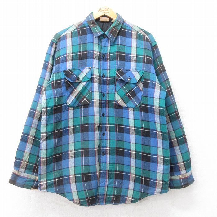 XL★古着 ファイブブラザー 長袖 フランネル シャツ メンズ 90年代 90s ボロ ロング丈 薄紺他 ネイビー チェック 内側キルティング 【spe】 25oct03 中古 トップス