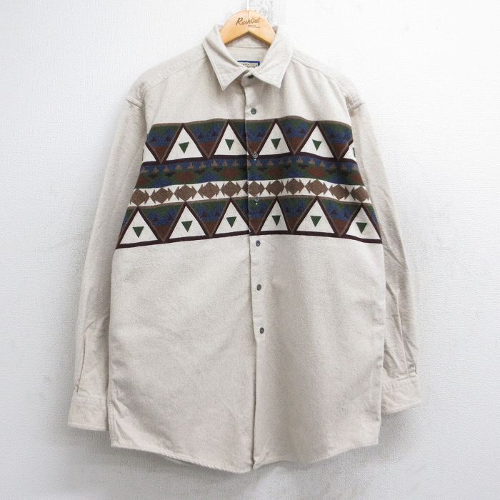 XL★古着 長袖 ヘビー フランネル シャツ メンズ 90年代 90s ネイティブ柄 ラグ柄 ロング丈 コットン USA製 薄ベージュ カーキ 25oct03 中古 トップス