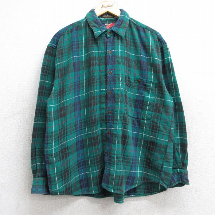 XL★古着 長袖 ヘビー フランネル シャツ メンズ 00年代 00s コットン 緑他 グリーン チェック 25oct03 中古 トップス