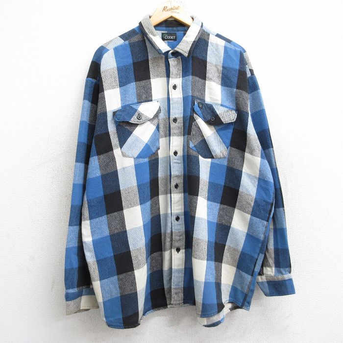 XL★古着 CODET 長袖 ヘビー フランネル シャツ メンズ 90年代 90s 大きいサイズ ロング丈 青他 ブルー チェック 25oct03 中古 トップス
