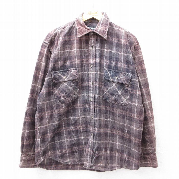 XL★古着 長袖 ヘビー フランネル シャツ メンズ コットン エンジ系他 チェック 25oct03 中古 トップス