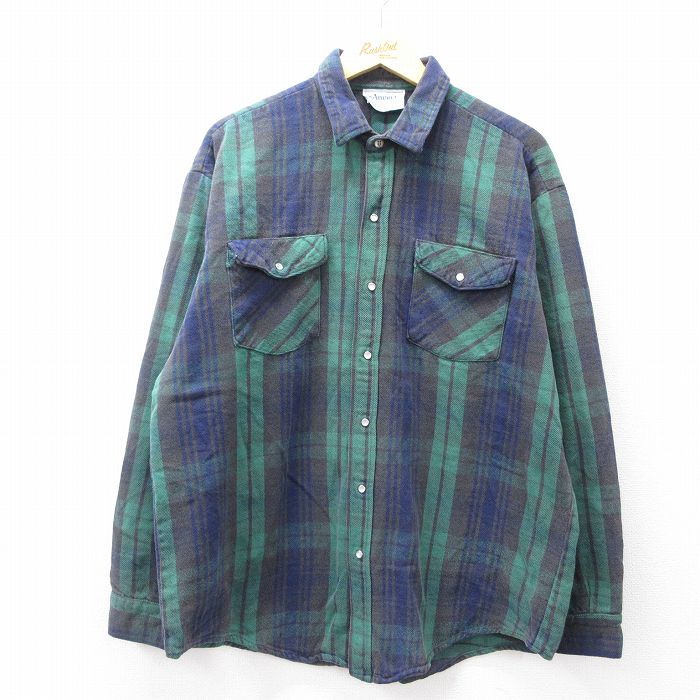 XL★古着 長袖 ヘビー フランネル シャツ メンズ 90年代 90s 大きいサイズ 緑他 グリーン チェック 25oct03 中古 トップス