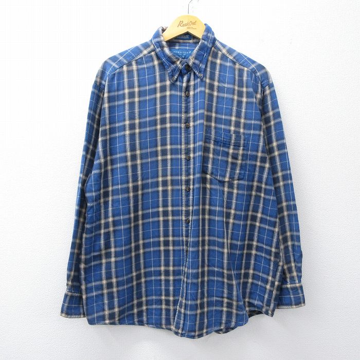 XL★古着 タウンクラフト 長袖 フランネル シャツ メンズ 90年代 90s 大きいサイズ コットン ボタンダウン 紺他 ネイビー チェック 25oct03 中古 トップス