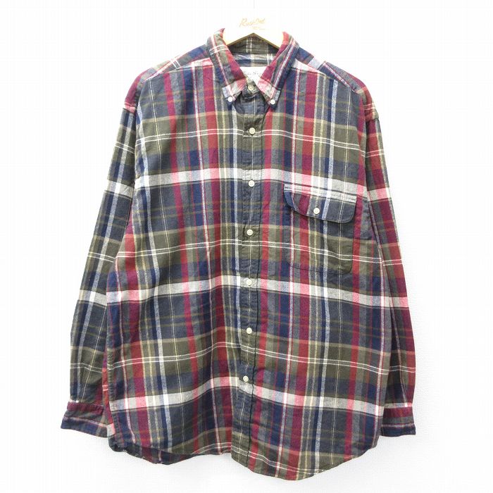 XL★古着 エディーバウアー 長袖 フランネル シャツ メンズ 00年代 00s 大きいサイズ ロング丈 コットン ボタンダウン 紺他 ネイビー チェック 【spe】 25oct03 中古 トップス