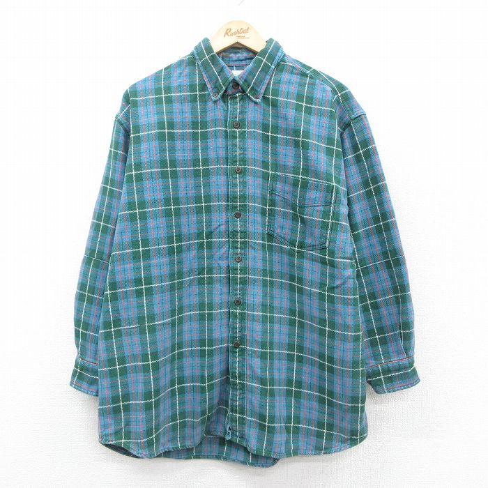 XL★古着 ジェイクルー J.CREW 長袖 フランネル シャツ メンズ 90年代 90s 大きいサイズ コットン ボタンダウン 緑他 グリーン チェック 【spe】 25oct08 中古 トップス