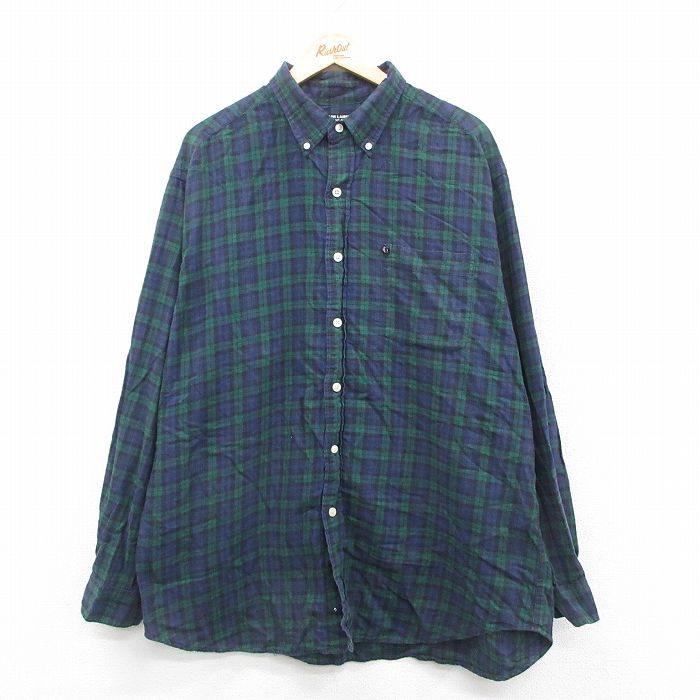 XL★古着 ラルフローレン Ralph Lauren ポロジーンズ 長袖 ブランド フランネル シャツ メンズ 大きいサイズ ロング丈 コットン ボタンダウン 緑他 グリーン タータン チェック ブラックウォッチ 【spe】 25oct08 中古 トップス