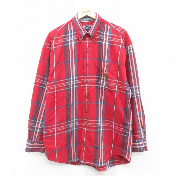 XL★古着 ラルフローレン Ralph Lauren チャップス 長袖 ブランド フランネル シャツ メンズ 90年代 90s ワンポイントロゴ ロング丈 コットン ボタンダウン 赤他 レッド チェック 25oct08 中古 トップス