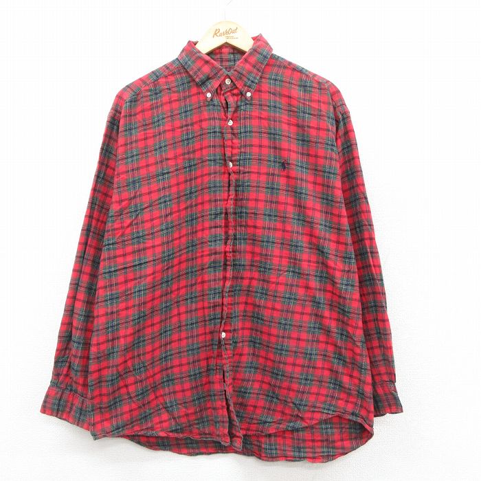 XL★古着 ラルフローレン Ralph Lauren 長袖 ブランド フランネル シャツ メンズ 90年代 90s ワンポイントロゴ BLAKE コットン ボタンダウン 赤他 レッド タータン チェック 【spe】 25oct08 中古 トップス