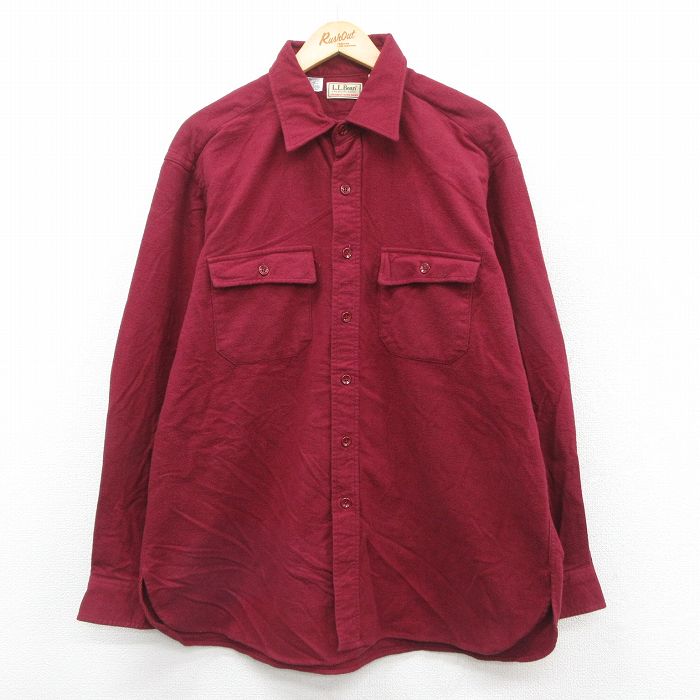 XL★古着 エルエルビーン LLBEAN 長袖 ヘビー フランネル シャツ メンズ 80年代 80s シャモアクロス 大きいサイズ ロング丈 コットン USA製 エンジ 25oct09 中古 トップス