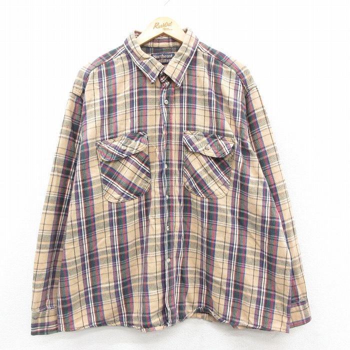 XL★古着 長袖 ヘビー フランネル シャツ メンズ 90年代 90s 大きいサイズ ベージュ他 カーキ チェック 25oct09 中古 トップス