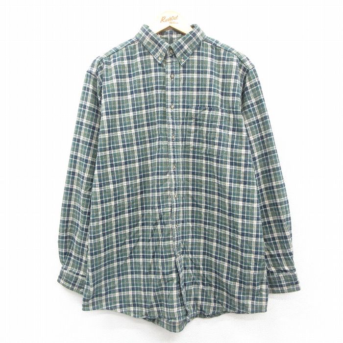 XL★古着 エルエルビーン LLBEAN 長袖 フランネル シャツ メンズ 00年代 00s 大きいサイズ ロング丈 コットン ボタンダウン カナダ製 緑他 グリーン チェック 25oct09 中古 トップス