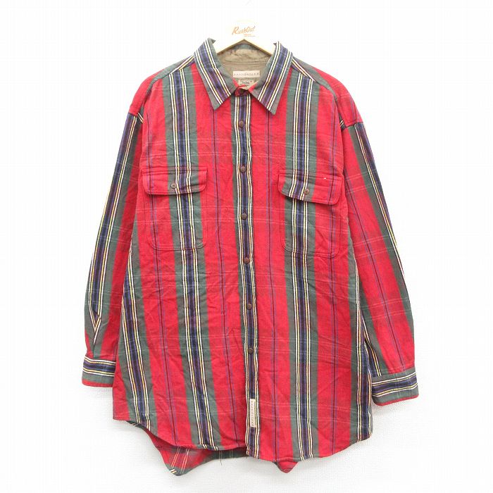 XL★古着 長袖 フランネル シャツ メンズ 00年代 00s 大きいサイズ ロング丈 コットン 赤他 レッド チェック 25oct09 中古 トップス