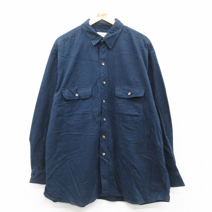 XL★古着 長袖 フランネル シャツ メンズ 00年代 00s ロング丈 大きいサイズ コットン 紺 ネイビー 25oct11 中古 トップス