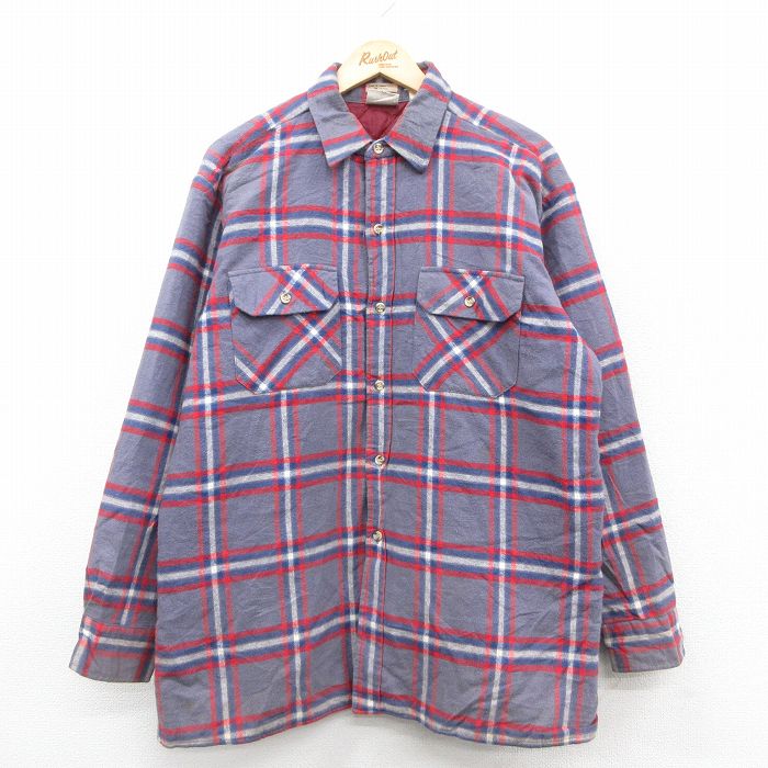 XL★古着 リー Lee 長袖 ヘビー フランネル シャツ メンズ 80年代 80s 薄紺他 ネイビー チェック 内側キルティング 【spe】 25oct11 中古 トップス