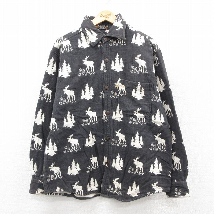 XL★古着 長袖 ヘビー フランネル シャツ メンズ シカ 木 総柄 コットン 黒他 ブラック 25oct11 中古 トップス
