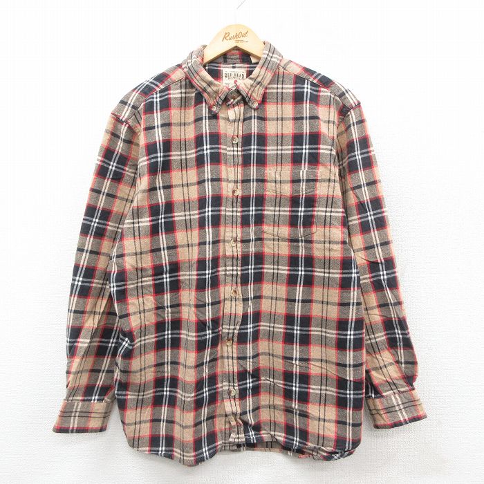 XL★古着 レッドヘッド 長袖 フランネル シャツ メンズ コットン ボタンダウン ベージュ他 カーキ チェック 25oct11 中古 トップス
