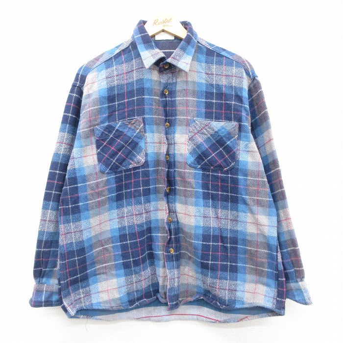 XL★古着 セントジョンズベイ 長袖 フランネル シャツ メンズ 90年代 90s コットン 紺他 ネイビー チェック 25oct18 中古 トップス