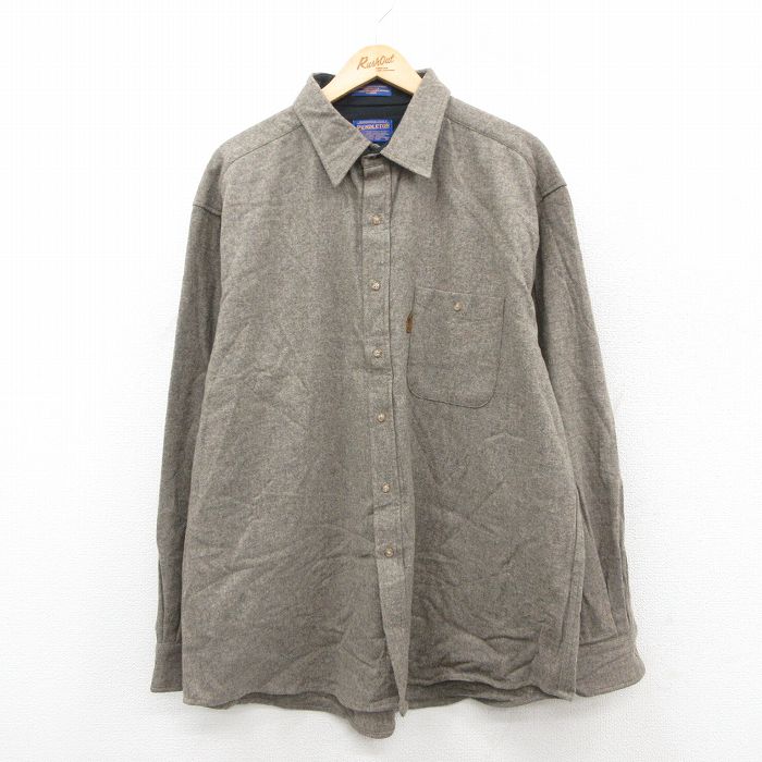 XL★古着 ペンドルトン PENDLETON 長袖 ウール シャツ メンズ ヒジ当て スエード使用 大きいサイズ ロング丈 ベージュ系 カーキ 25oct18 中古 トップス
