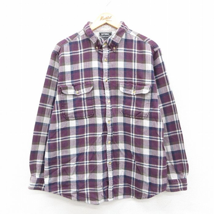 L★古着 長袖 フランネル シャツ メンズ コットン ボタンダウン 紫他 パープル チェック 25oct18 中古 トップス