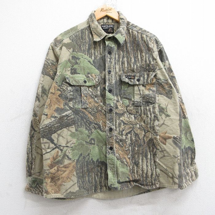 XL★古着 長袖 ヘビー フランネル シャツ メンズ 90年代 90s リアルツリー USA製 ベージュ他 カーキ 迷彩 【spe】 25oct18 中古 トップス