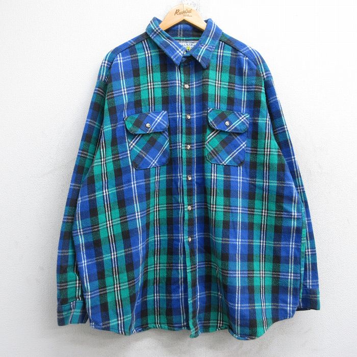XL★古着 長袖 ヘビー フランネル シャツ メンズ 90年代 90s 大きいサイズ ロング丈 コットン 青他 ブルー チェック 25oct18 中古 トップス