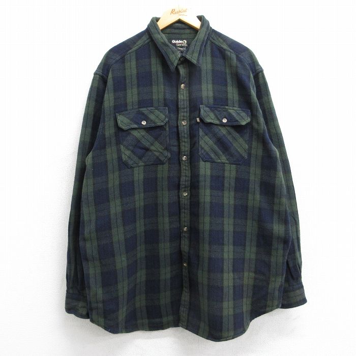 XL★古着 長袖 ヘビー フランネル シャツ メンズ 大きいサイズ ロング丈 コットン 濃緑他 グリーン チェック 25oct18 中古 トップス