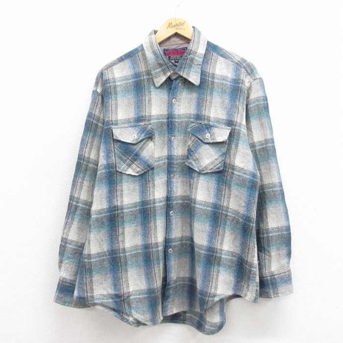 XL★古着 長袖 ウール シャツ メンズ 80年代 80s 青他 ブルー チェック 25oct20 中古 トップス