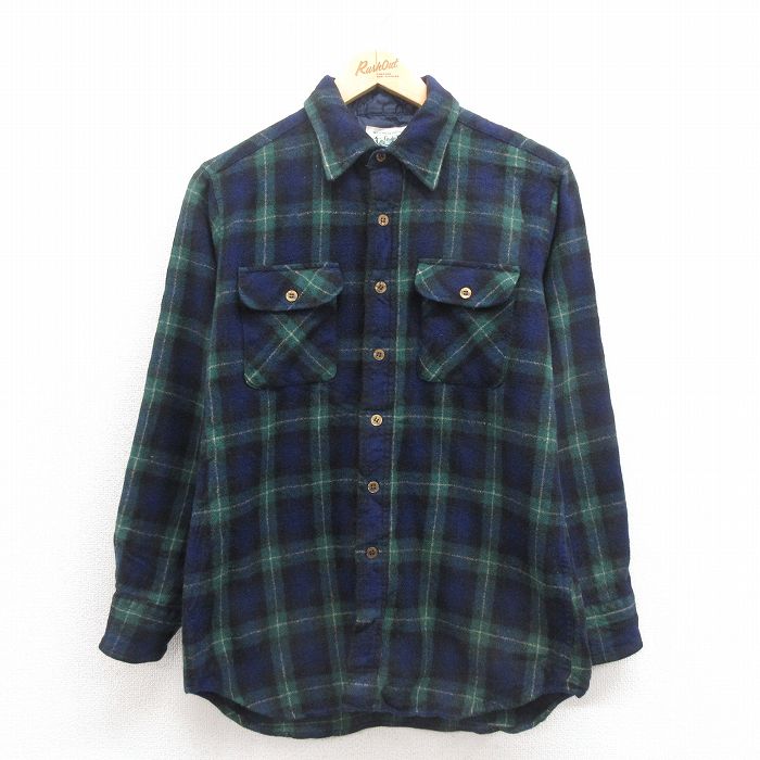 M★古着 長袖 ウール シャツ メンズ 80年代 80s 緑他 グリーン タータン チェック ブラックウォッチ 25oct20 中古 トップス