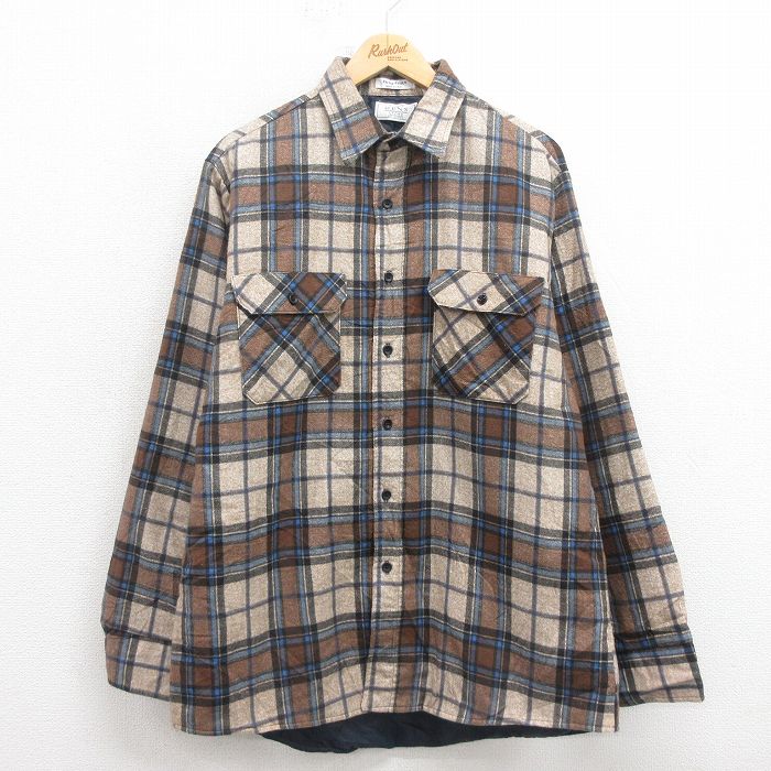 XL★古着 シアーズ 長袖 フランネル シャツ メンズ 90年代 90s USA製 茶他 ブラウン チェック 内側キルティング 25oct20 中古 トップス