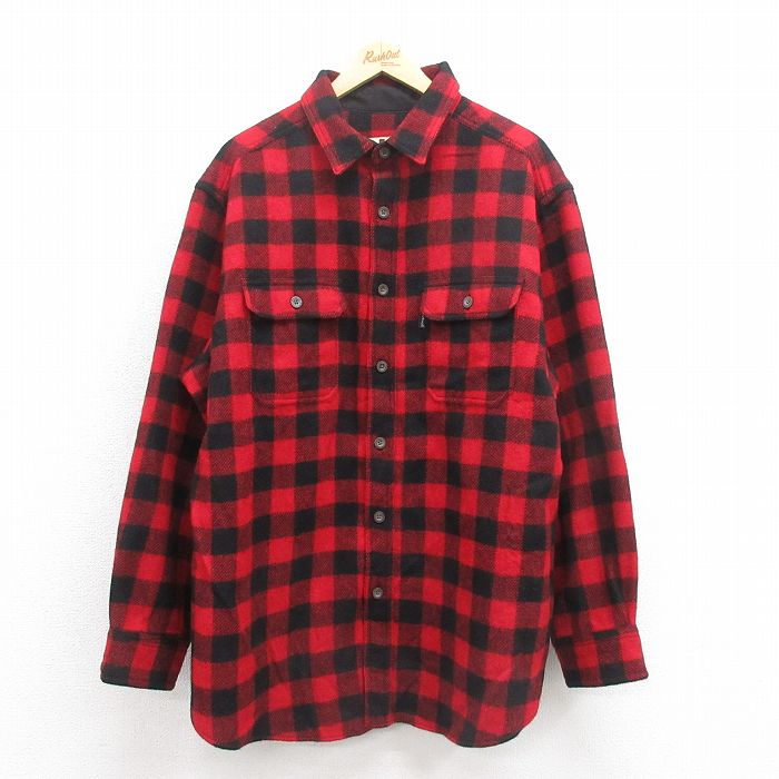 XL★古着 ウールリッチ WOOLRICH 長袖 ウール シャツ メンズ 大きいサイズ ロング丈 赤他 レッド バッファロー チェック 25oct20 中古 トップス