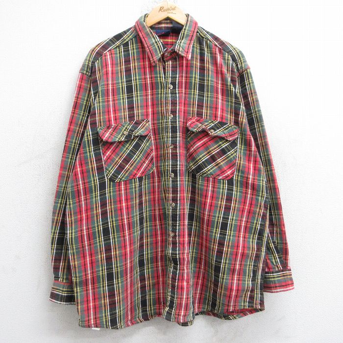 XL★古着 長袖 ヘビー フランネル シャツ メンズ 90年代 90s 大きいサイズ ロング丈 コットン 赤他 レッド チェック 25oct20 中古 トップス