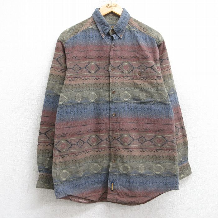 M★古着 ウールリッチ WOOLRICH 長袖 ヘビー フランネル シャツ メンズ ネイティブ柄 ラグ柄 ロング丈 ボタンダウン 濃緑他 グリーン 【spe】 25oct20 中古 トップス