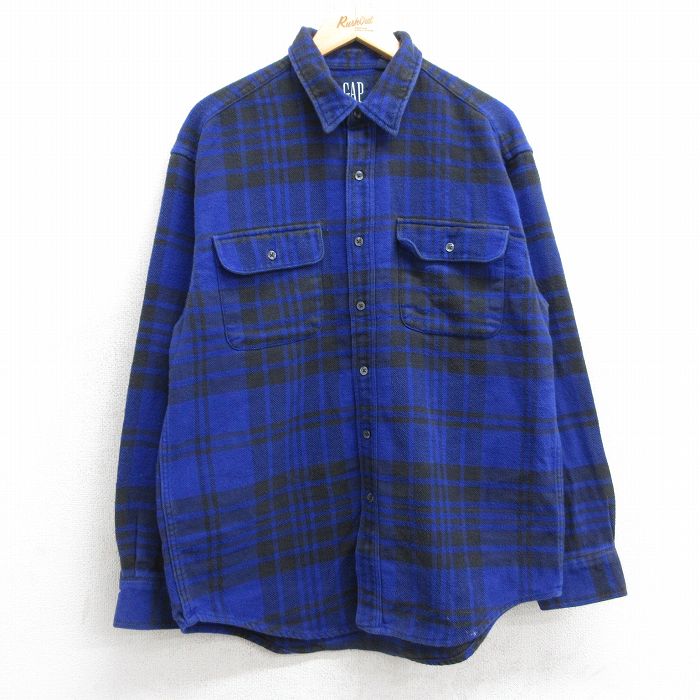 L★古着 ギャップ GAP 長袖 ヘビー フランネル シャツ メンズ 90年代 90s コットン 青他 ブルー チェック 25oct20 中古 トップス