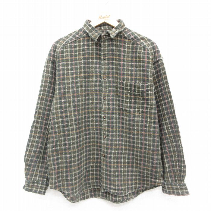 XL★古着 STRUCTURE 長袖 ヘビー フランネル シャツ メンズ 00年代 00s コットン 濃緑他 グリーン チェック 25oct24 中古 トップス
