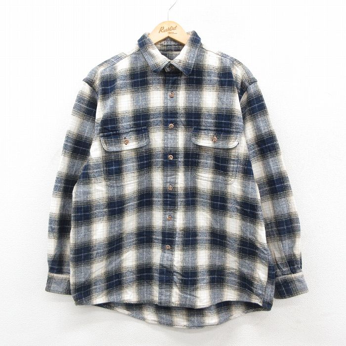 XL★古着 長袖 ヘビー フランネル シャツ メンズ 紺他 ネイビー オンブレ チェック 25oct24 中古 トップス